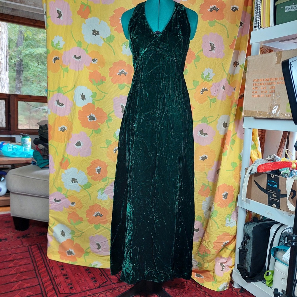 Vintage 80s 90s Handmade Green Velvet Halter Formal Dress Gown Small